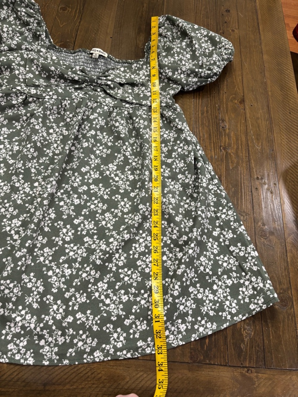 Inspired Hearts Olive Green Floral Puff Sleeve Dress with Bow Accent - Picture 4 of 5